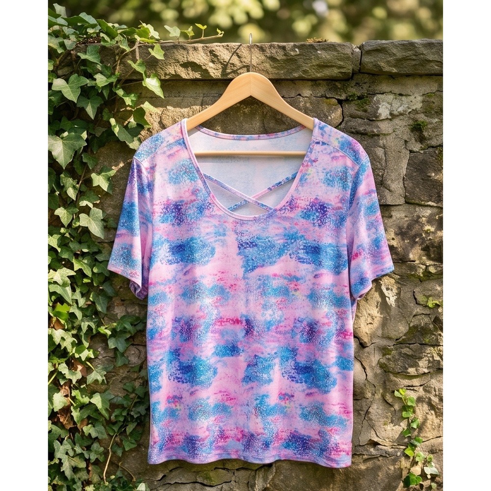 Reel Legends Womens 3X Pink Blue Tie Dye Crisscross Neck Performance T-Shirt